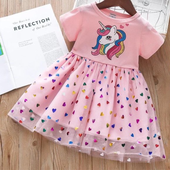 3T Girls Pink Blue Rainbow Unicorn Party Baby Dresses with Shiny Rainbow Hearts - Picture 3 of 8